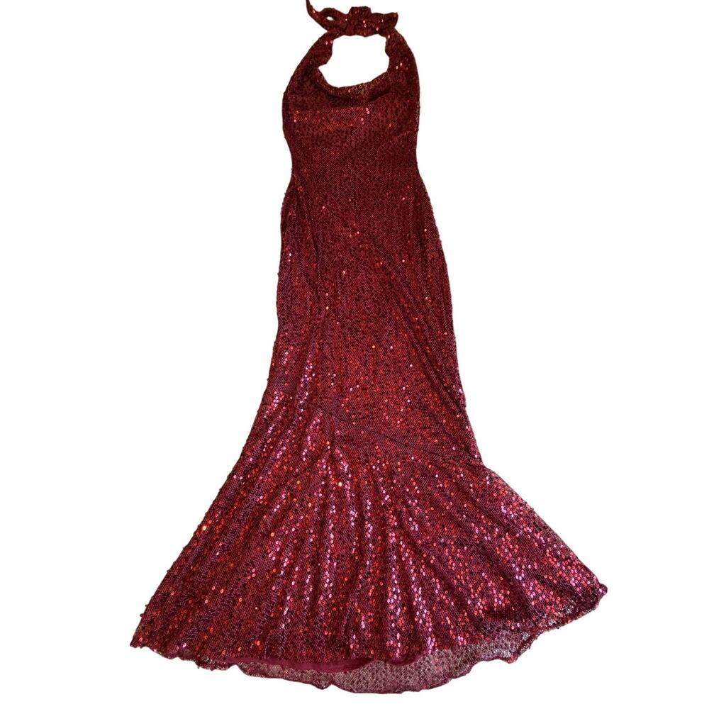 Babyboo Sequin Event Glam Burgundy Red Maxi Mermaid Halder Draped Neck Dress Med